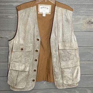 Orvis Tan Suede Leather Hunting Vest Mens L Multiple Cargo Pockets Outdoor
